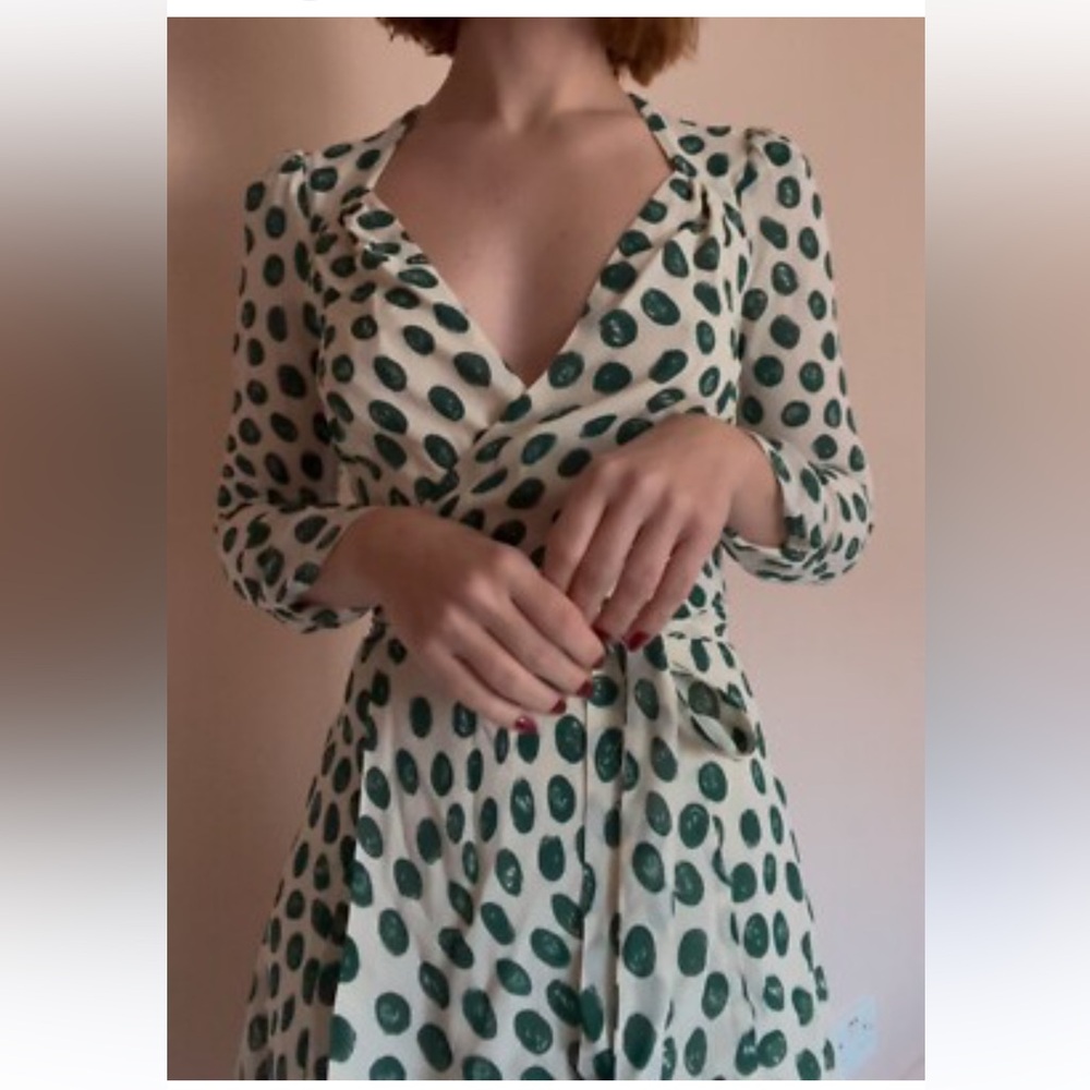 Reformation Murietta green cream polka dot mini  wrap dress V- neck large